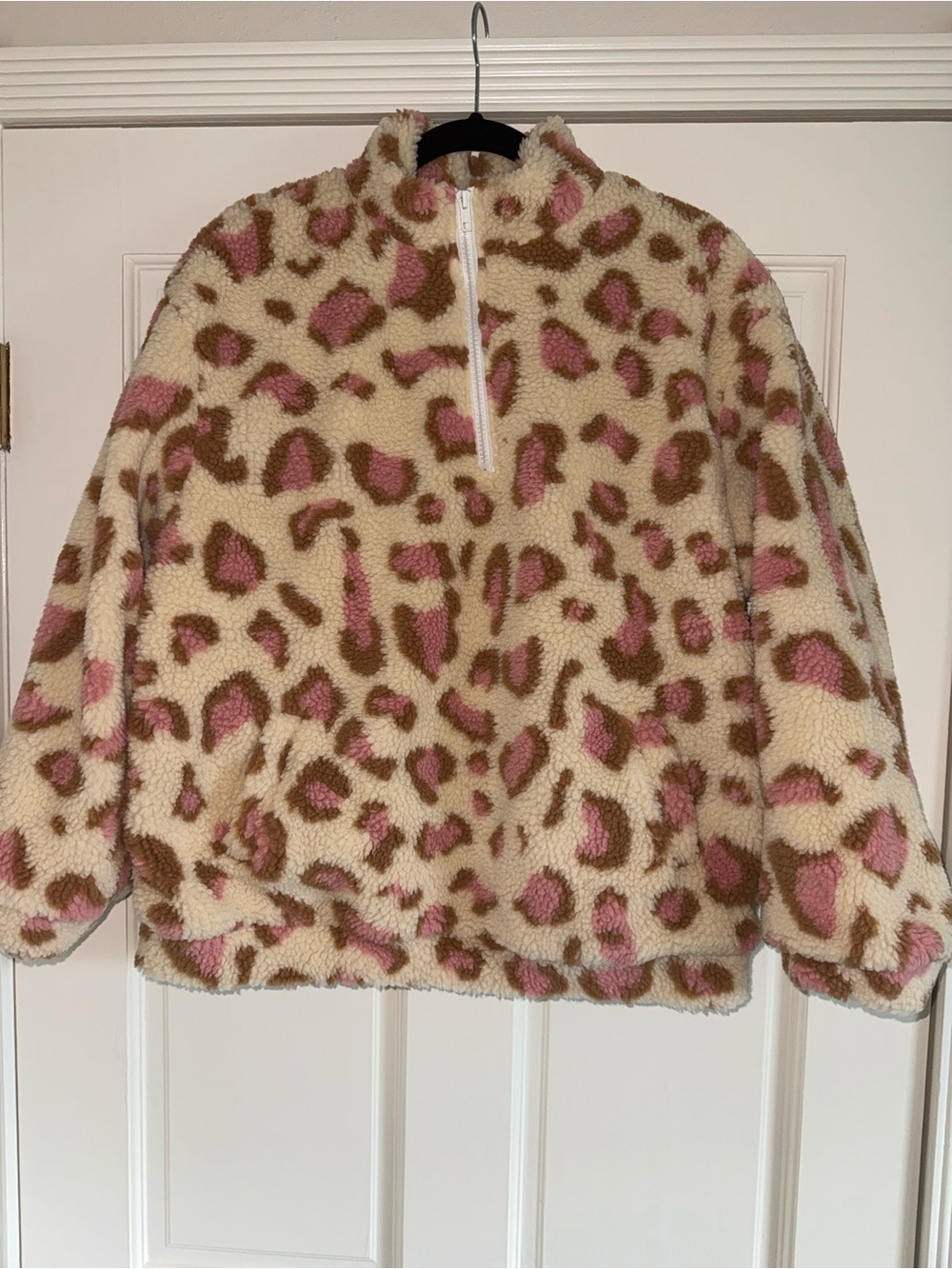 Pink Lily Pink & Brown Leopard Sherpa Half-Zip Pullover